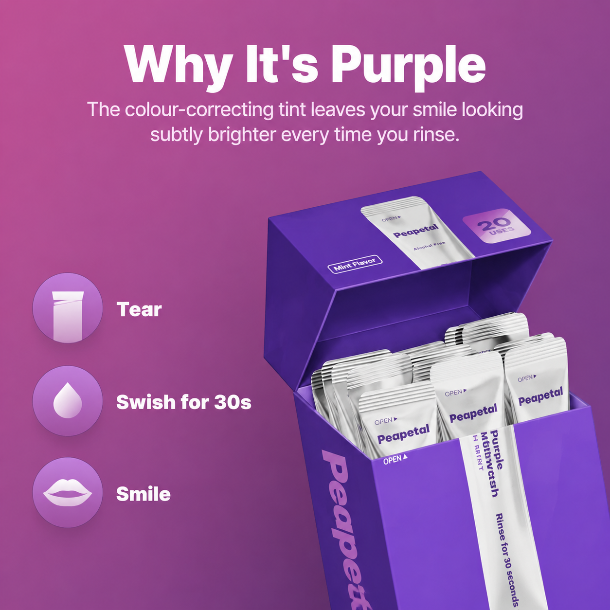 Whiter Teeth in Seconds – Purple Mouthwash Sachets (20 Pack)